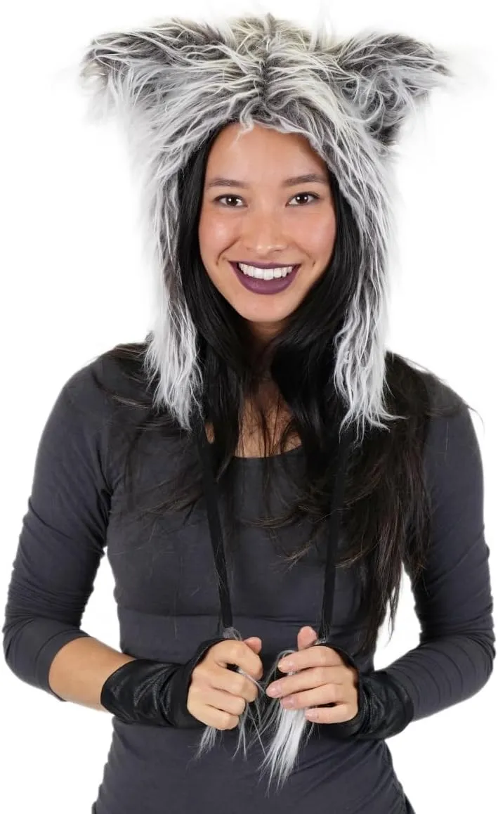 Grey Wolf Faux Fur Hat Hood Festival Winter Beanie Boho Animal Spirit Ears Pom Poms Cosplay Costume