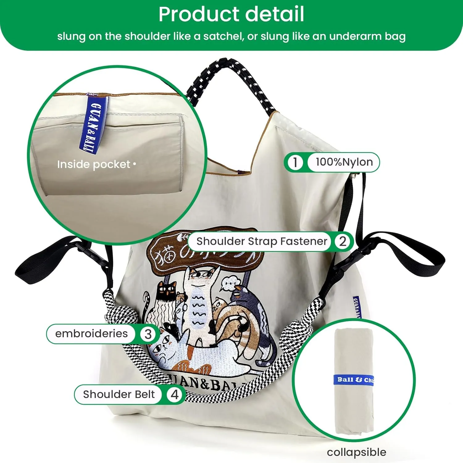 Guan&Ball The Lady Tote bag, waterproof nylon bag with lamb embroidery pattern, is the perfect companion for travel