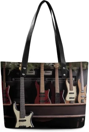Guitar Bass Music Musical Instruments Leather Lady's Handbag Crossbody Purse for Women Ladies Soft Shoulder Bag Medium Roomy Handbag Fashion Tote Top Handle Satchel