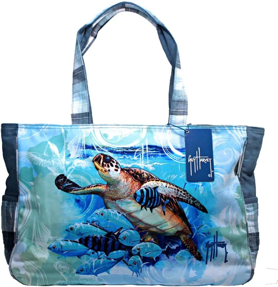 Guy Harvey Blue Ocean Sea Turtle Large Shoulder Beach Tote Bag