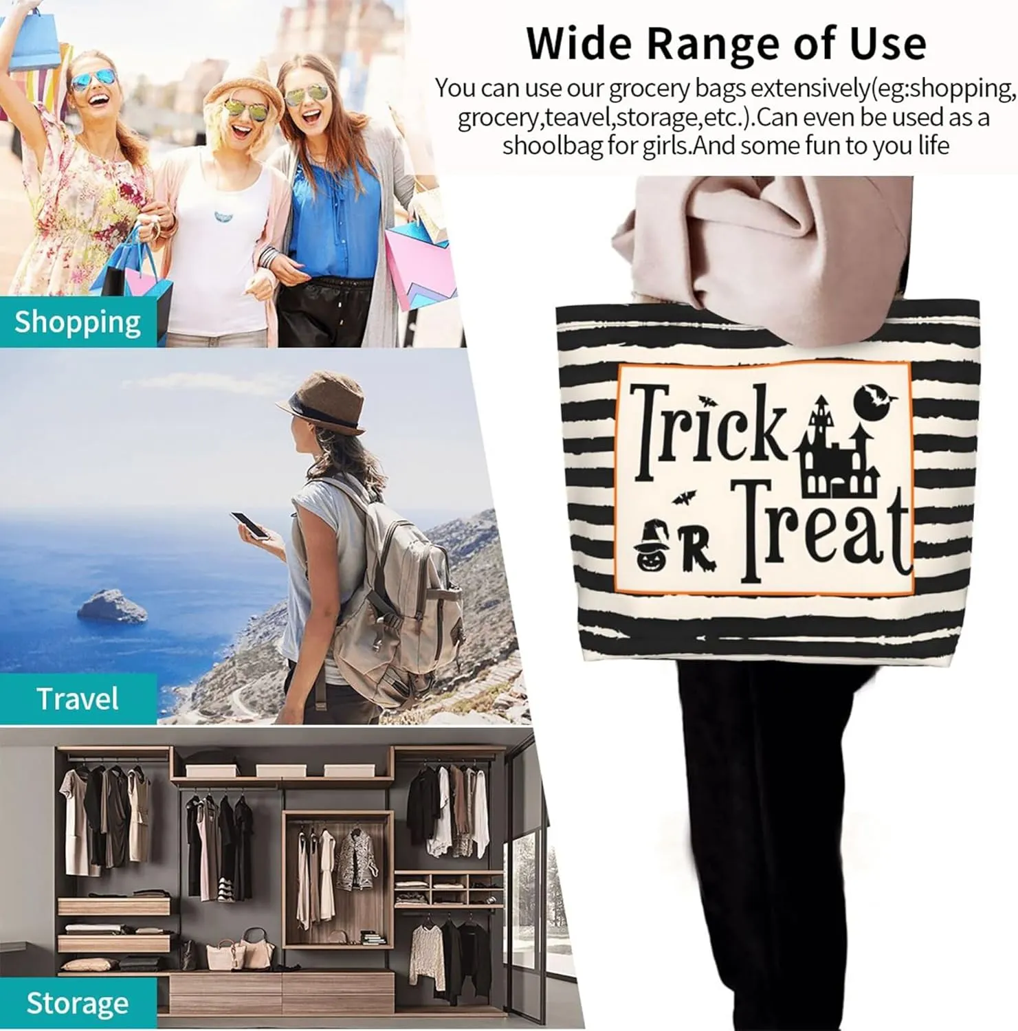 Halloween Women Travel Tote Bag With Zipper - Large Beach Work Handbag Purse