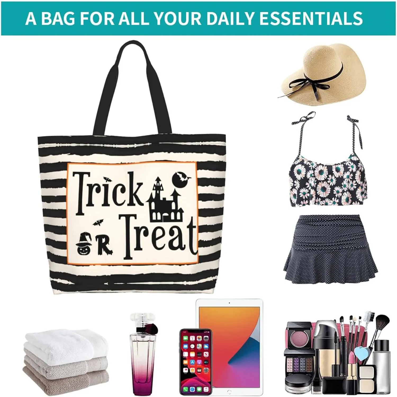 Halloween Women Travel Tote Bag With Zipper - Large Beach Work Handbag Purse