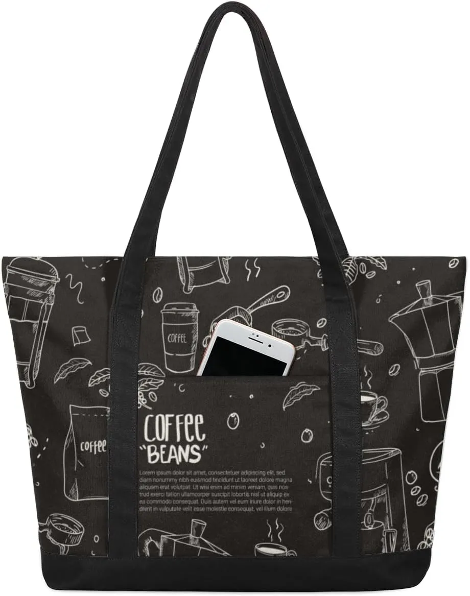 Hand Drawn Coffee Equipment Composition Background Tote Bag Tote Bag for Women Reusable Grocery Shopping Cloth Bags with Zipper Large Capacity Foldable Handbag Gym Bag for Gift Activity