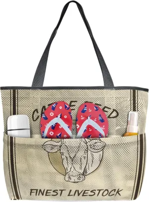 Hand Drawn Cow Head Beach Tote Bag for Women, Farm Beige Backdrop Mesh Beach Bags Waterproof Sandproof, Outdoor Picnic Swim Pool Handbag - Large Beach Bag with Zipper and Pockets