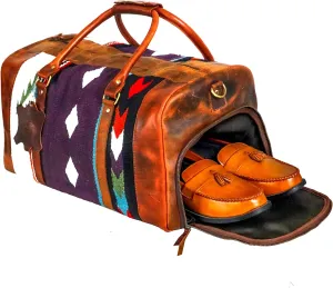 Handmade Premium Duffle Bag leather heavy duty Gym Sports Airplane Overnight Luggage Carry On Unisex Travel Hand woven Rug Bag Wollen Bag Gift for His/Her (RUG DUFFLE BAG STYLE_07)