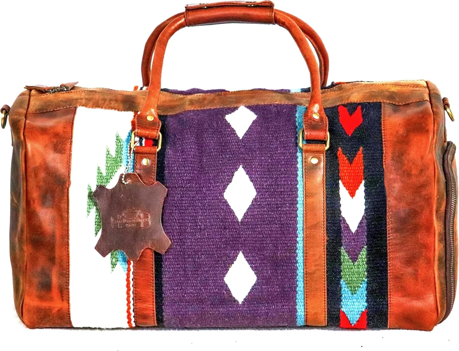 Handmade Premium Duffle Bag leather heavy duty Gym Sports Airplane Overnight Luggage Carry On Unisex Travel Hand woven Rug Bag Wollen Bag Gift for His/Her (RUG DUFFLE BAG STYLE_07)