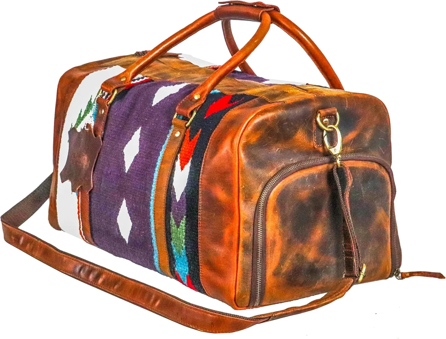 Handmade Premium Duffle Bag leather heavy duty Gym Sports Airplane Overnight Luggage Carry On Unisex Travel Hand woven Rug Bag Wollen Bag Gift for His/Her (RUG DUFFLE BAG STYLE_07)