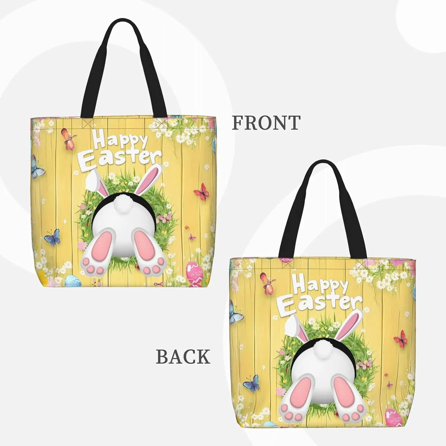 Happy Easter Tote Bag with Handles Large Happy Easter Reusable Bags Gift Bunny Egg Hunt Bags