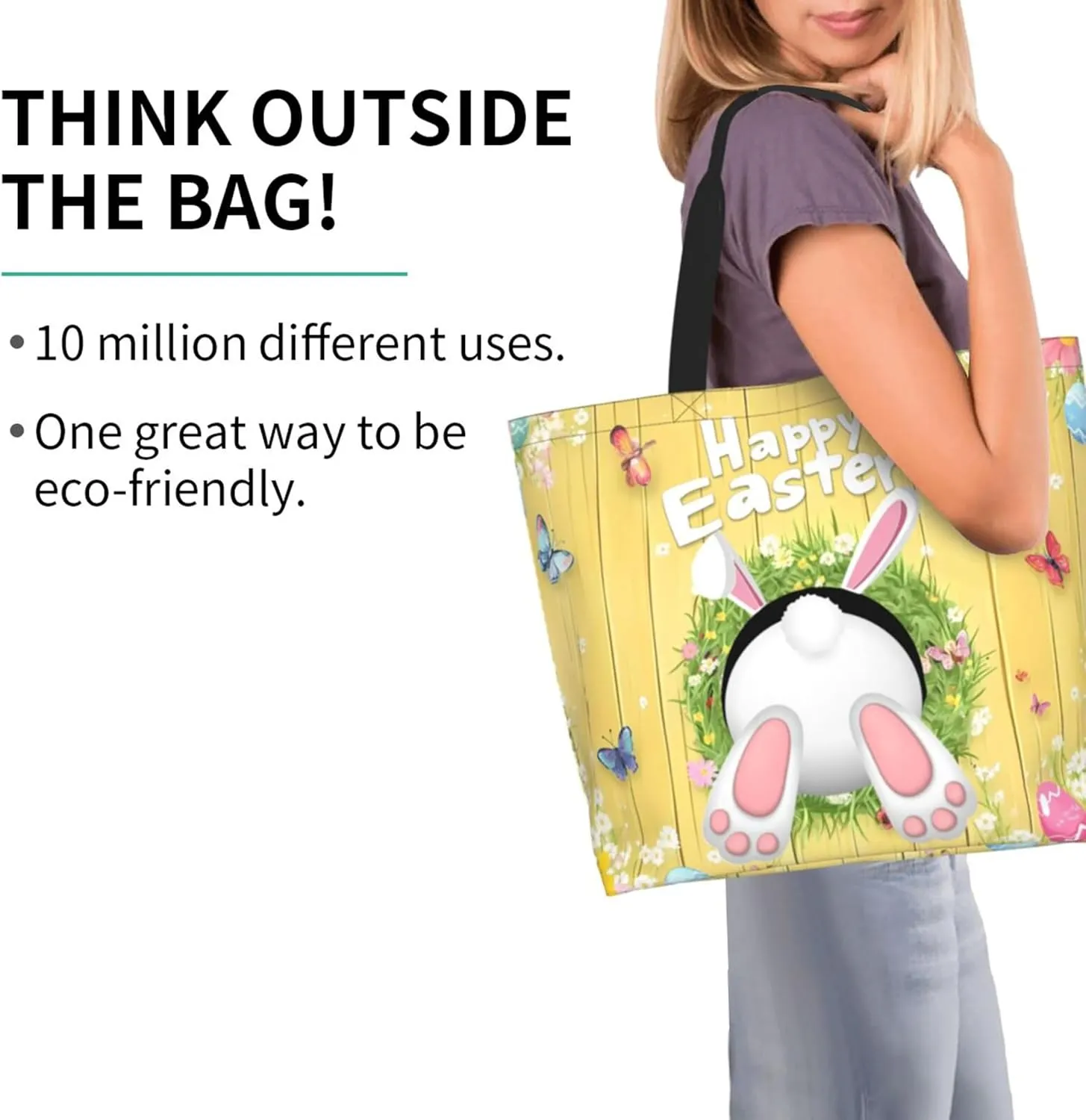 Happy Easter Tote Bag with Handles Large Happy Easter Reusable Bags Gift Bunny Egg Hunt Bags