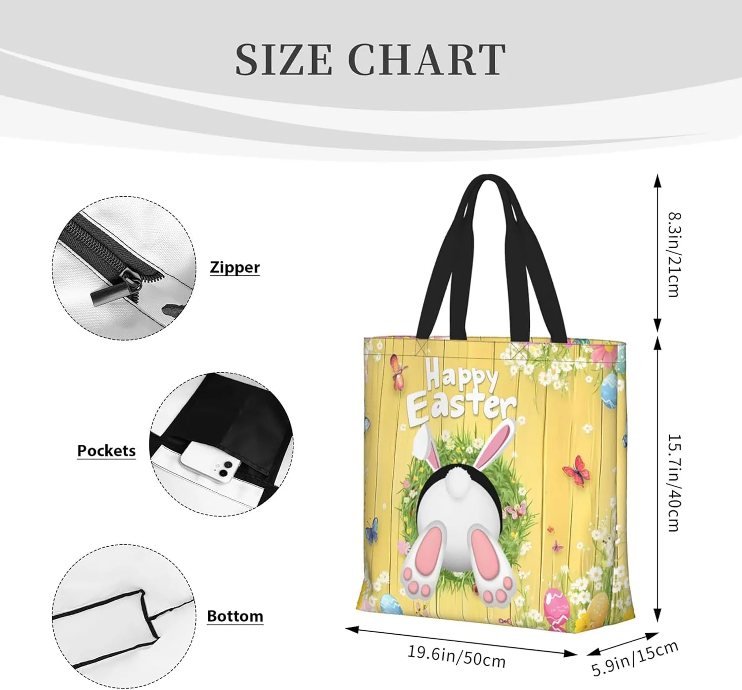 Happy Easter Tote Bag with Handles Large Happy Easter Reusable Bags Gift Bunny Egg Hunt Bags