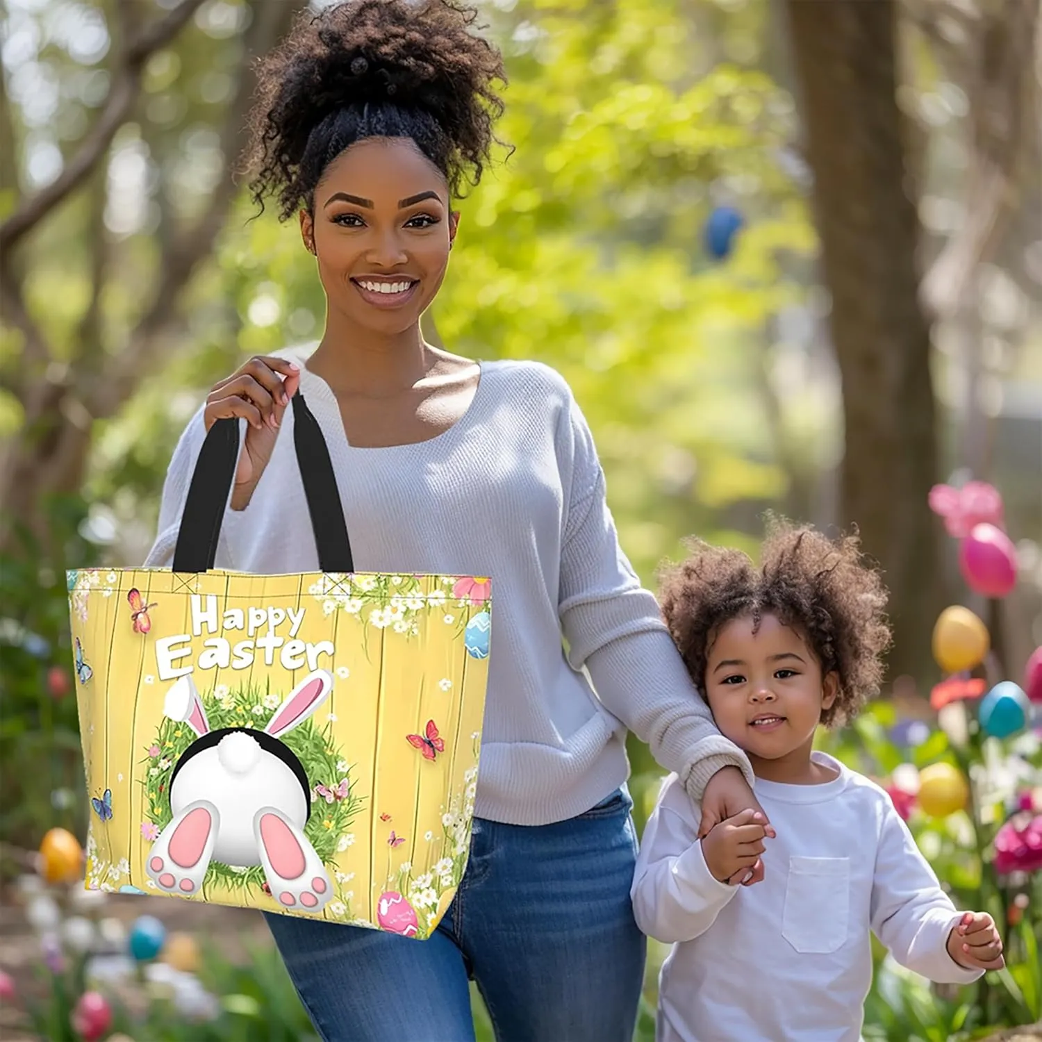Happy Easter Tote Bag with Handles Large Happy Easter Reusable Bags Gift Bunny Egg Hunt Bags