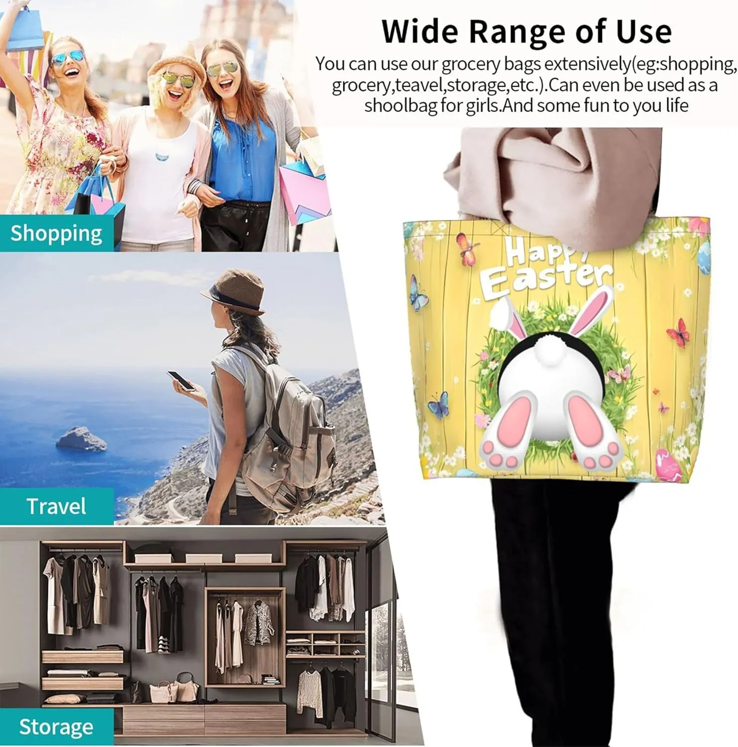 Happy Easter Tote Bag with Handles Large Happy Easter Reusable Bags Gift Bunny Egg Hunt Bags
