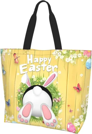 Happy Easter Tote Bag with Handles Large Happy Easter Reusable Bags Gift Bunny Egg Hunt Bags