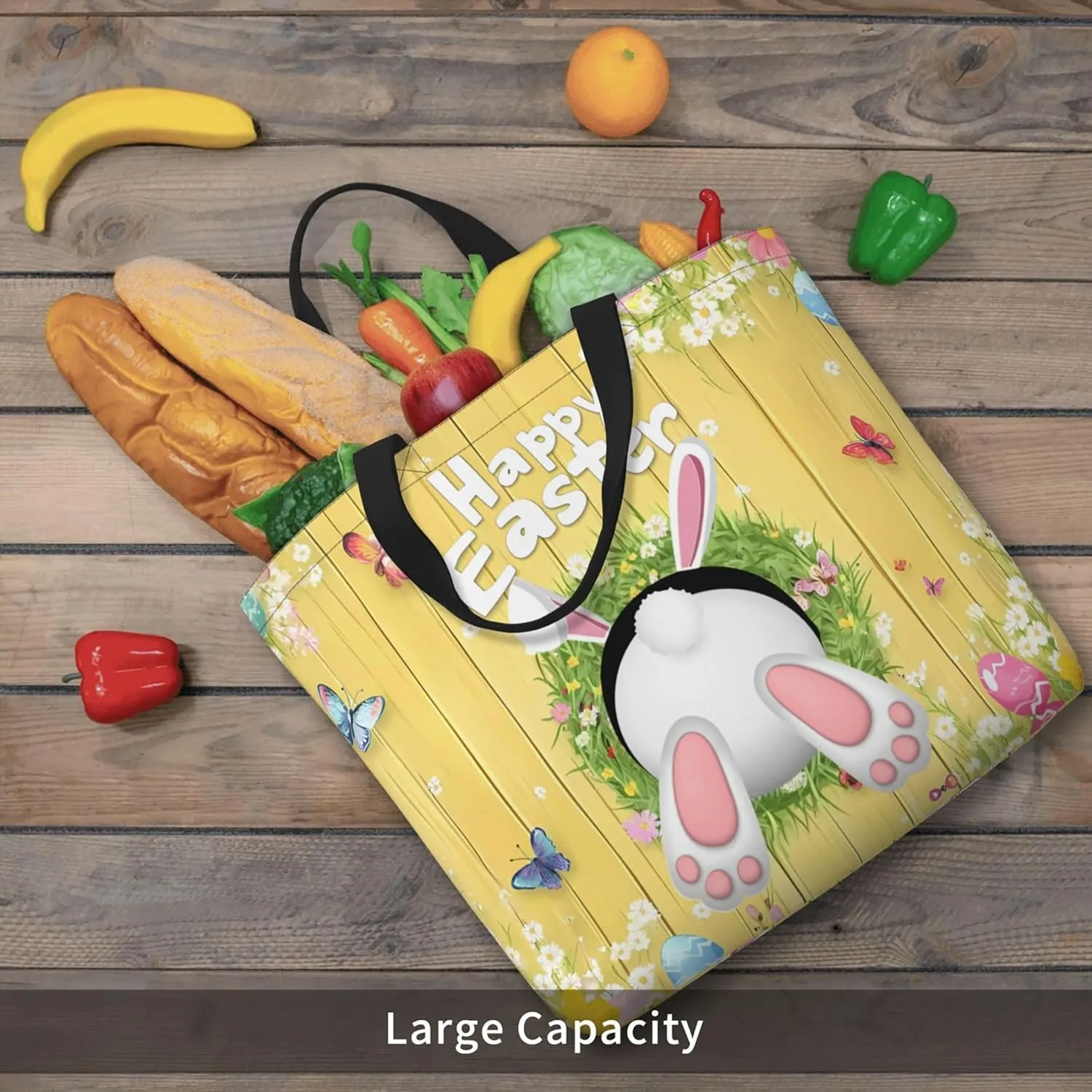 Happy Easter Tote Bag with Handles Large Happy Easter Reusable Bags Gift Bunny Egg Hunt Bags
