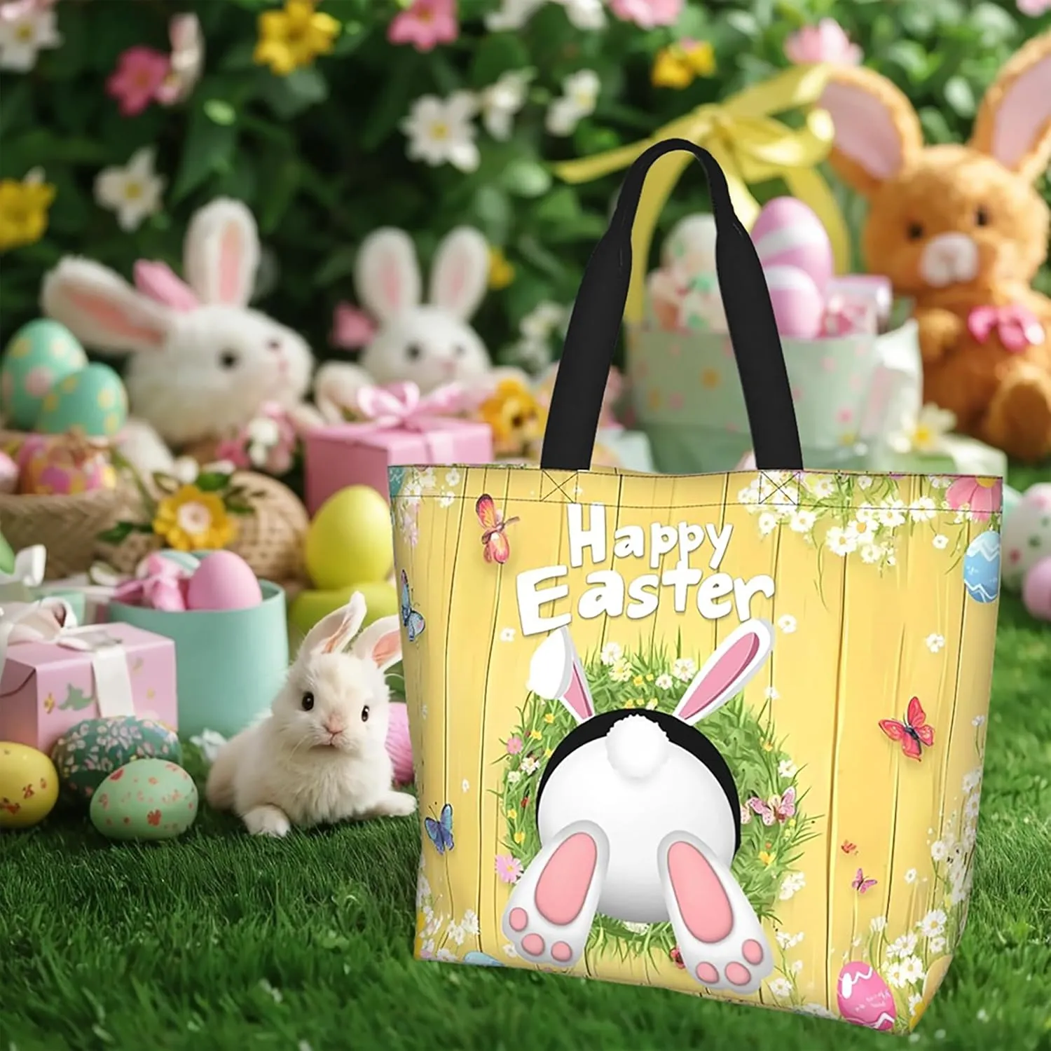 Happy Easter Tote Bag with Handles Large Happy Easter Reusable Bags Gift Bunny Egg Hunt Bags