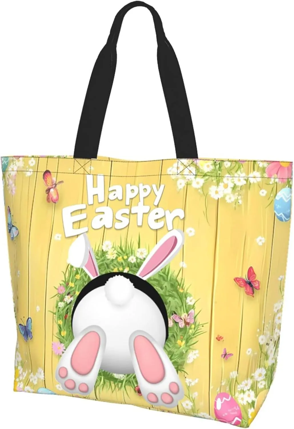Happy Easter Tote Bag with Handles Large Happy Easter Reusable Bags Gift Bunny Egg Hunt Bags