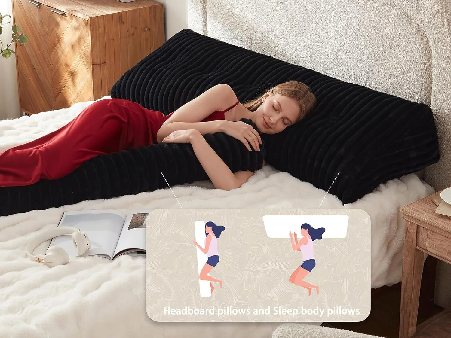 Headboard Pillow   A Long Neck Roll Pillow Body Pillow，Faux Fur Headboard Wedge Pillow with Removable Cover (Black, Twin：39x8x20 inches)