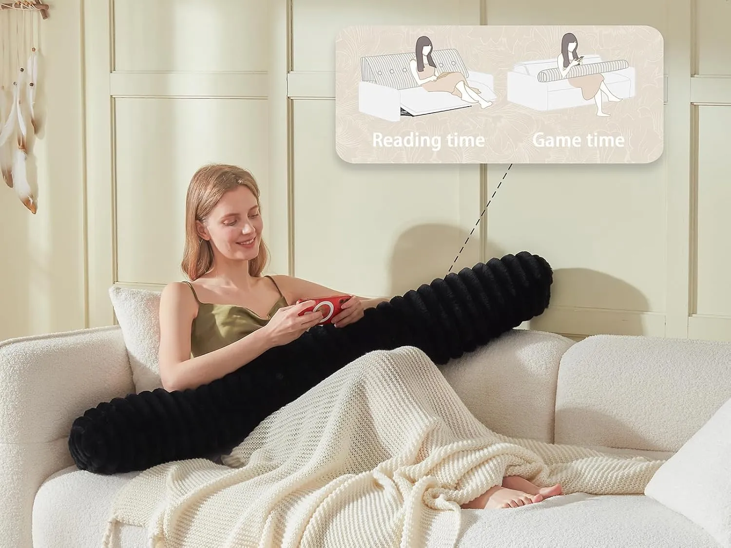 Headboard Pillow   A Long Neck Roll Pillow Body Pillow，Faux Fur Headboard Wedge Pillow with Removable Cover (Black, Twin：39x8x20 inches)