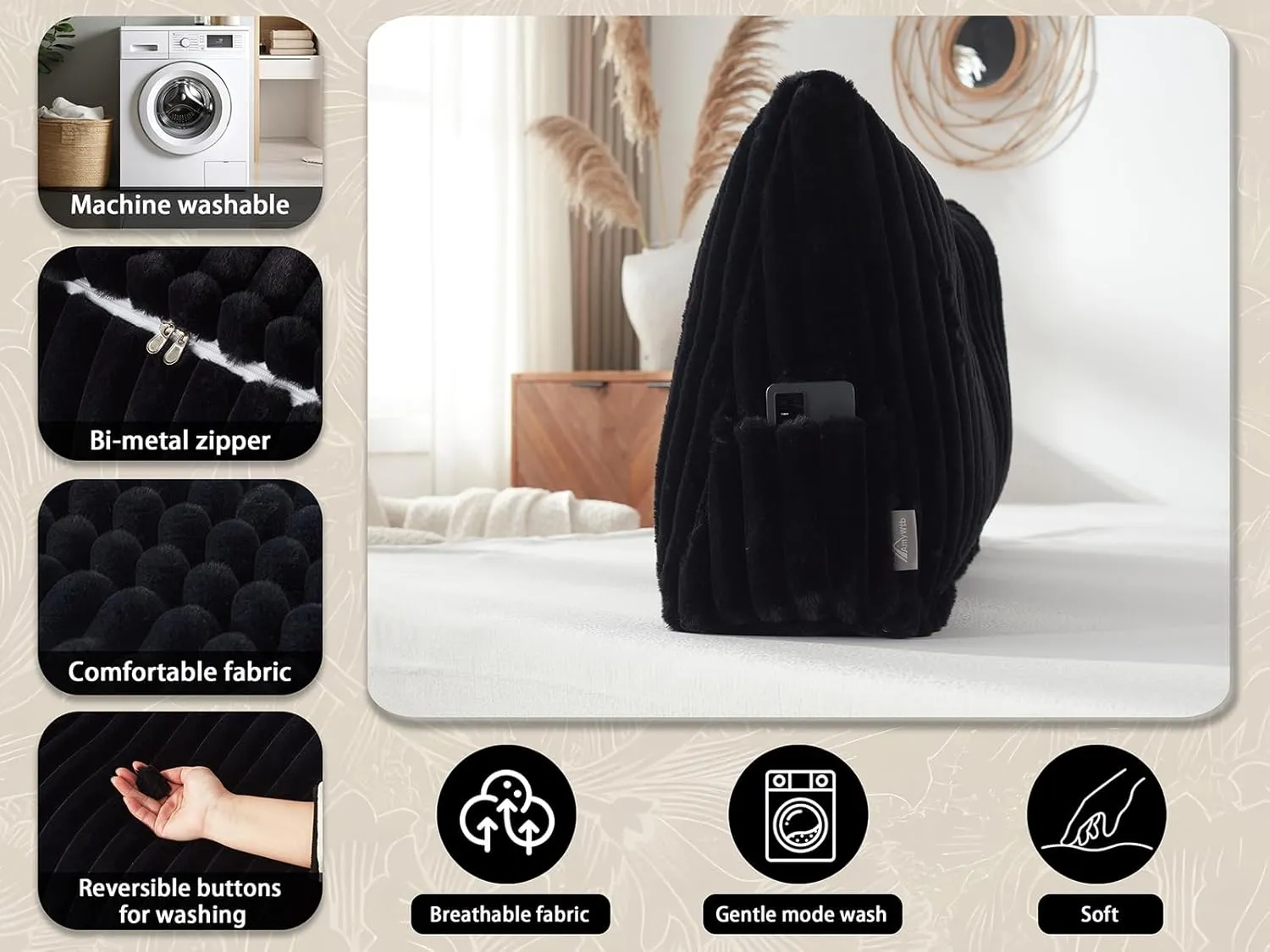 Headboard Pillow   A Long Neck Roll Pillow Body Pillow，Faux Fur Headboard Wedge Pillow with Removable Cover (Black, Twin：39x8x20 inches)