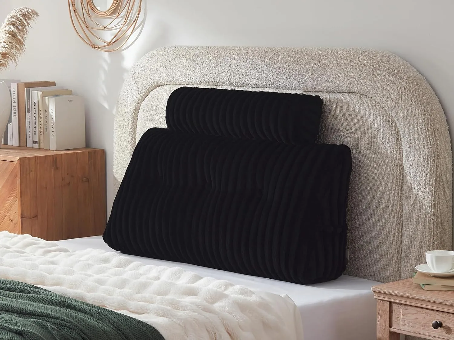 Headboard Pillow   A Long Neck Roll Pillow Body Pillow，Faux Fur Headboard Wedge Pillow with Removable Cover (Black, Twin：39x8x20 inches)