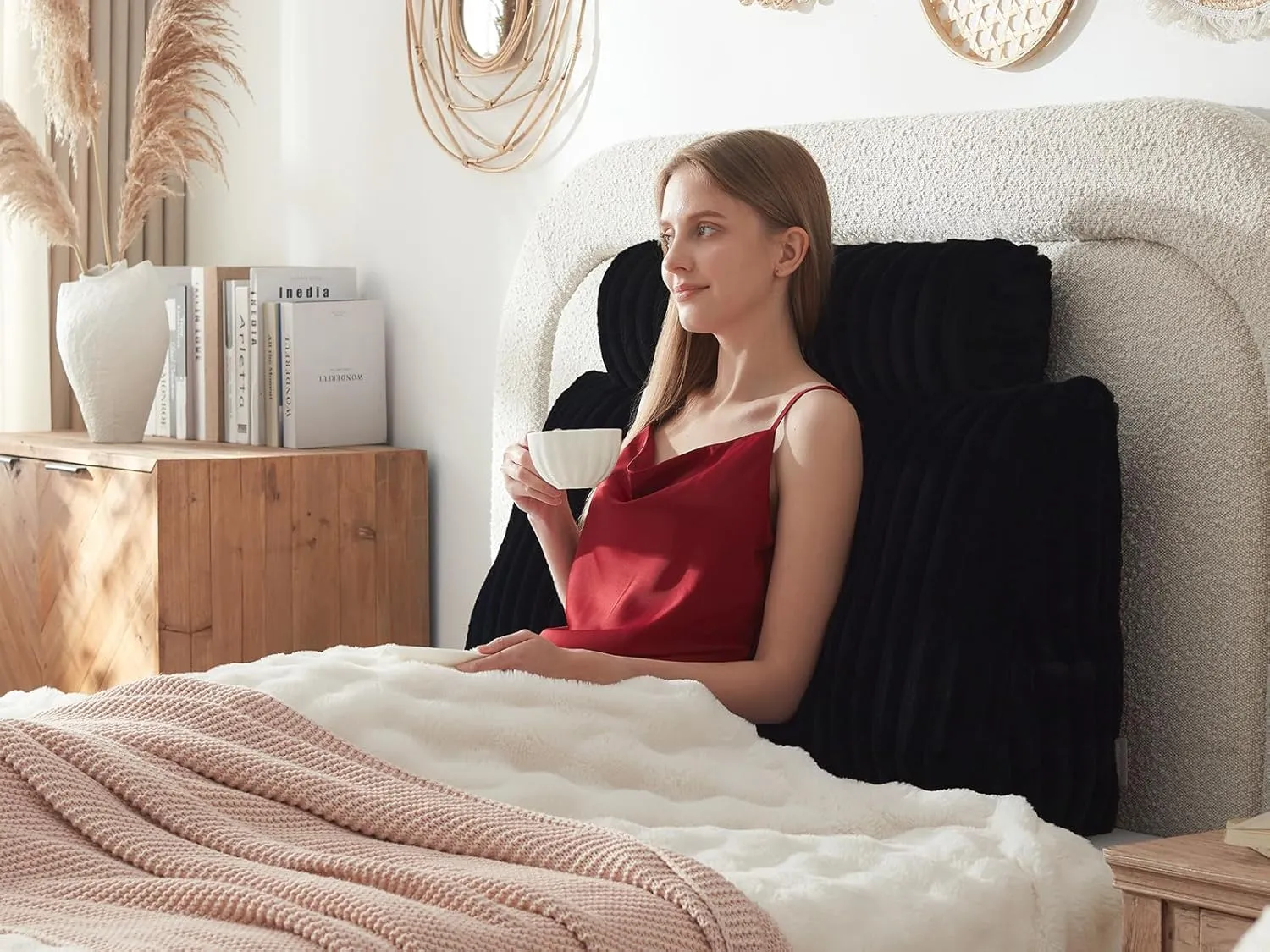 Headboard Pillow   A Long Neck Roll Pillow Body Pillow，Faux Fur Headboard Wedge Pillow with Removable Cover (Black, Twin：39x8x20 inches)