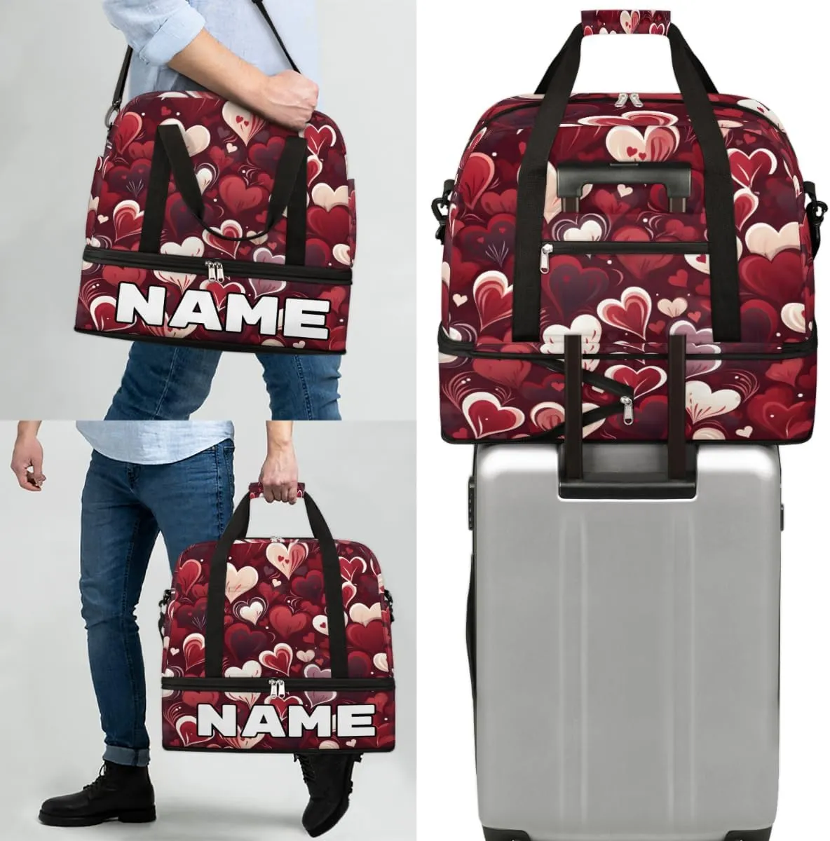 Heart Love Valentine's Day Custom Foldable Duffle Bag with Shoes Compartment Personalized Large Capacity Waterproof Travel Weekender Bag Overnight Bag for Sports Gym