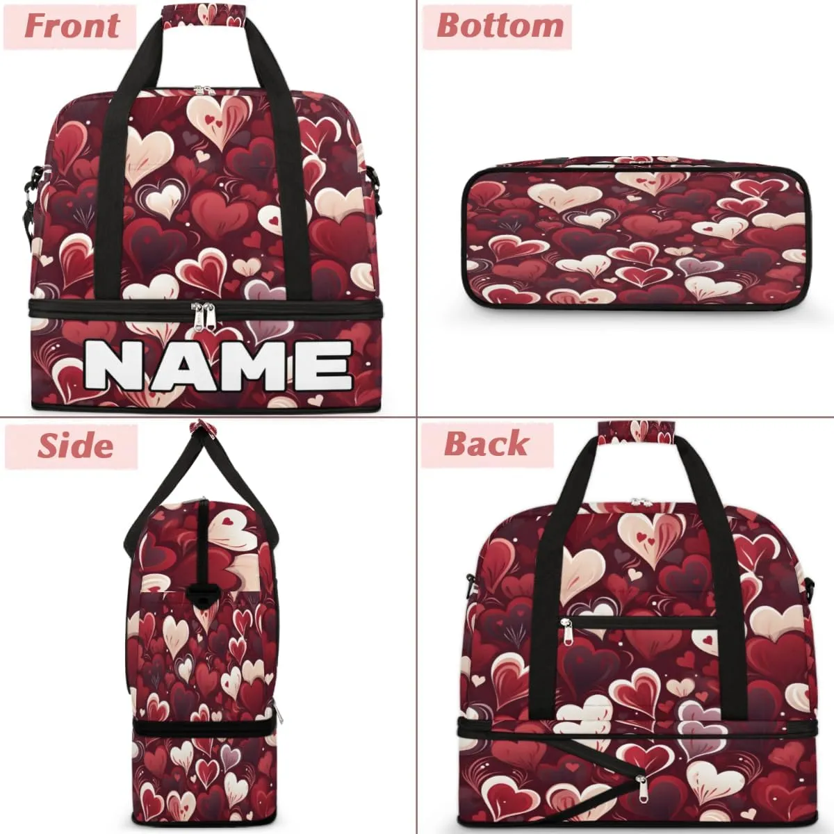 Heart Love Valentine's Day Custom Foldable Duffle Bag with Shoes Compartment Personalized Large Capacity Waterproof Travel Weekender Bag Overnight Bag for Sports Gym