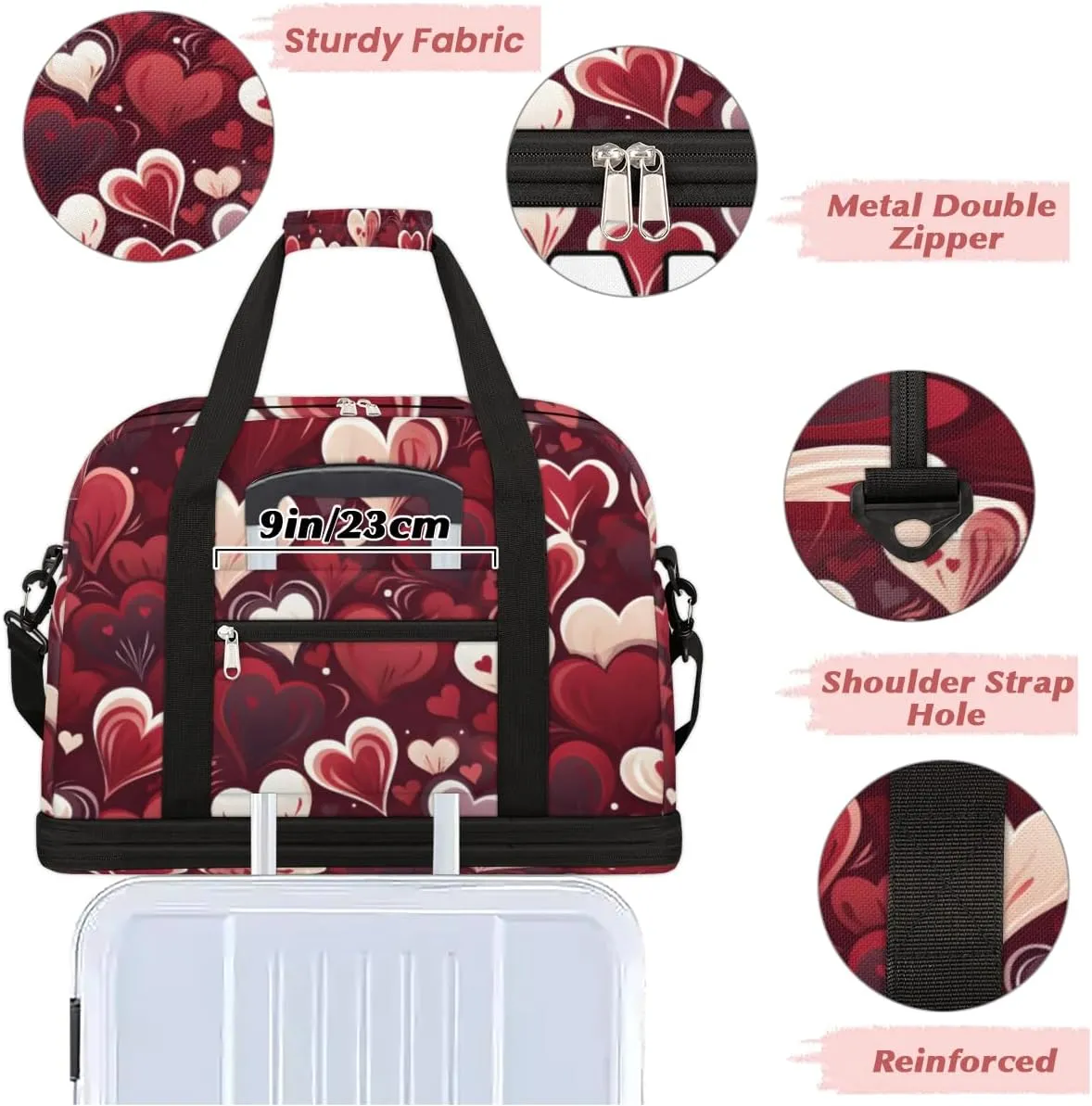 Heart Love Valentine's Day Custom Foldable Duffle Bag with Shoes Compartment Personalized Large Capacity Waterproof Travel Weekender Bag Overnight Bag for Sports Gym
