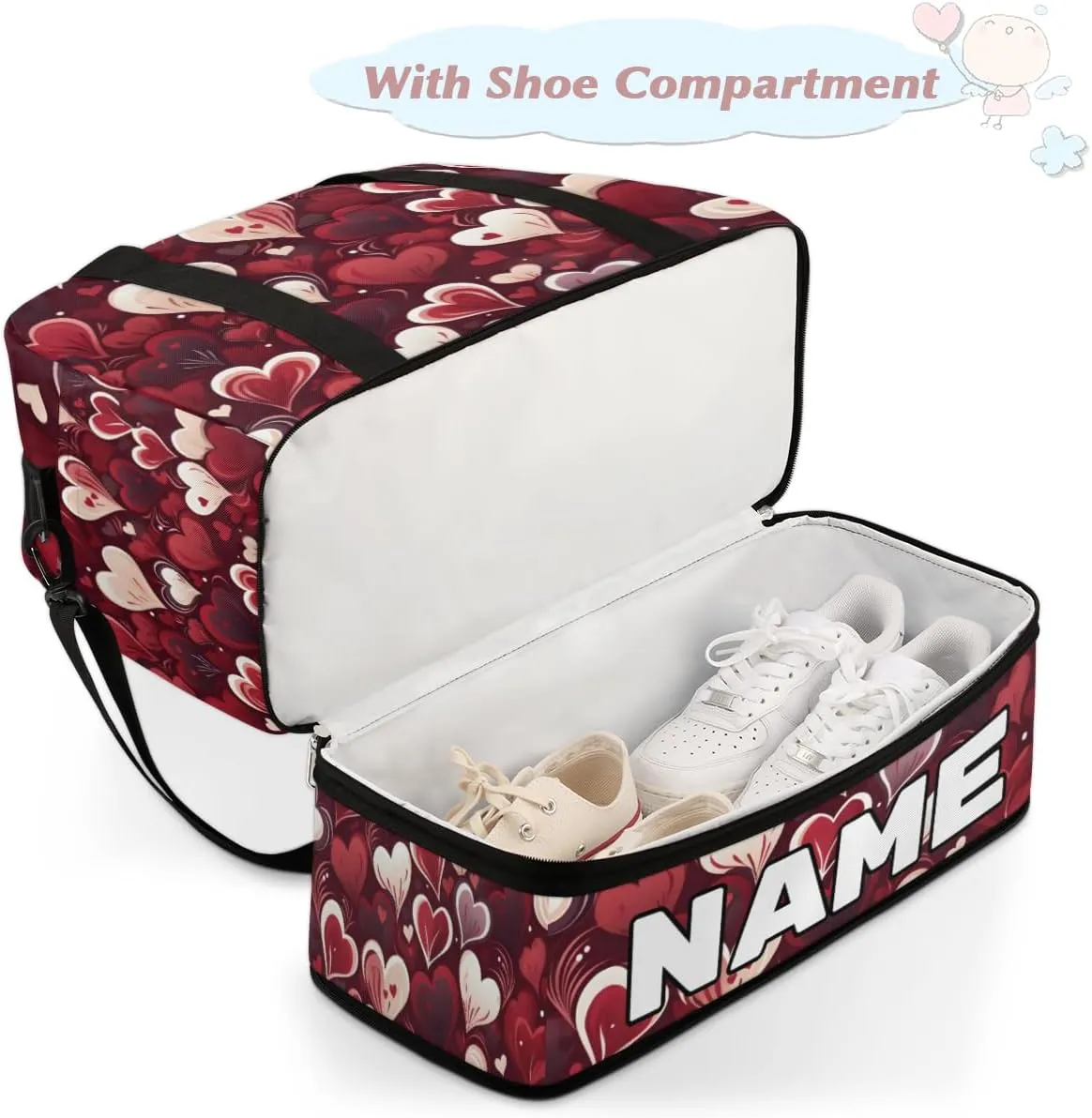 Heart Love Valentine's Day Custom Foldable Duffle Bag with Shoes Compartment Personalized Large Capacity Waterproof Travel Weekender Bag Overnight Bag for Sports Gym