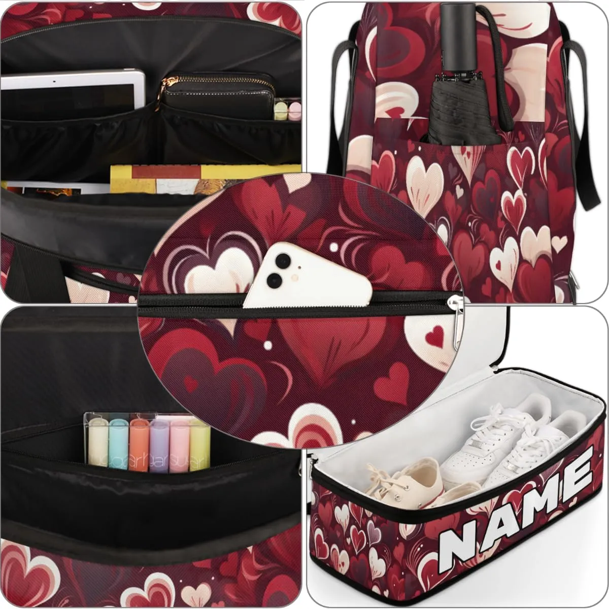 Heart Love Valentine's Day Custom Foldable Duffle Bag with Shoes Compartment Personalized Large Capacity Waterproof Travel Weekender Bag Overnight Bag for Sports Gym