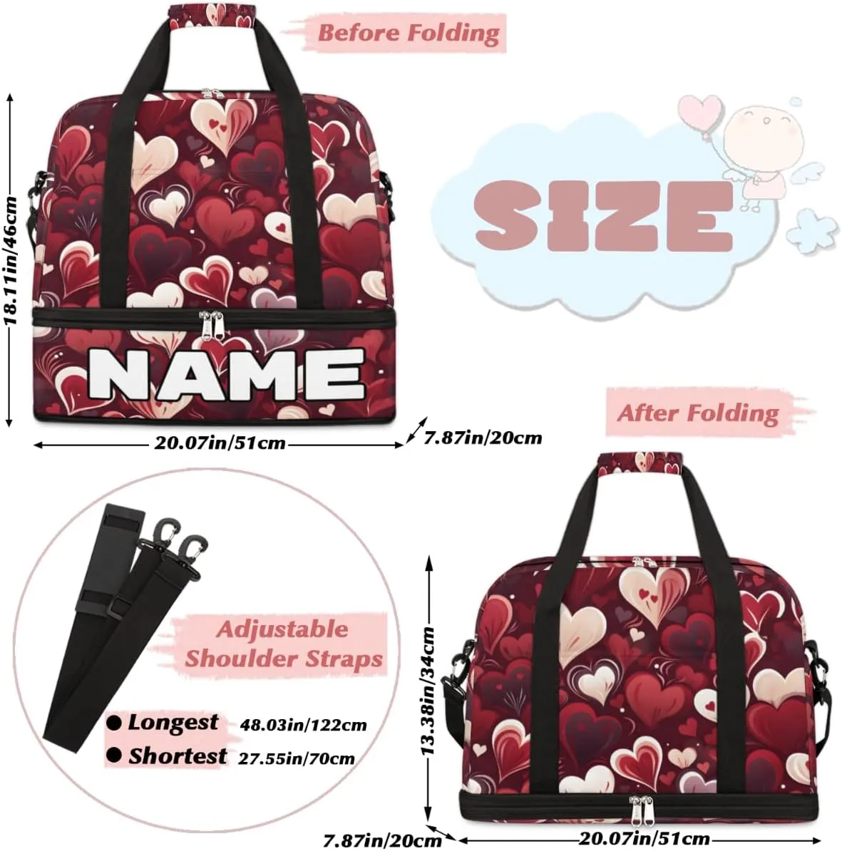 Heart Love Valentine's Day Custom Foldable Duffle Bag with Shoes Compartment Personalized Large Capacity Waterproof Travel Weekender Bag Overnight Bag for Sports Gym