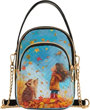 Hedgehog Fall Orange Leaves Quilted Crossbody Purse Ladies Handbags
