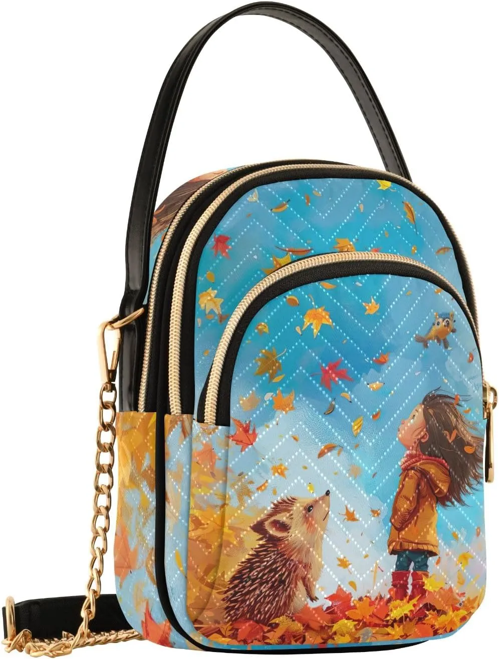 Hedgehog Fall Orange Leaves Quilted Crossbody Purse Ladies Handbags