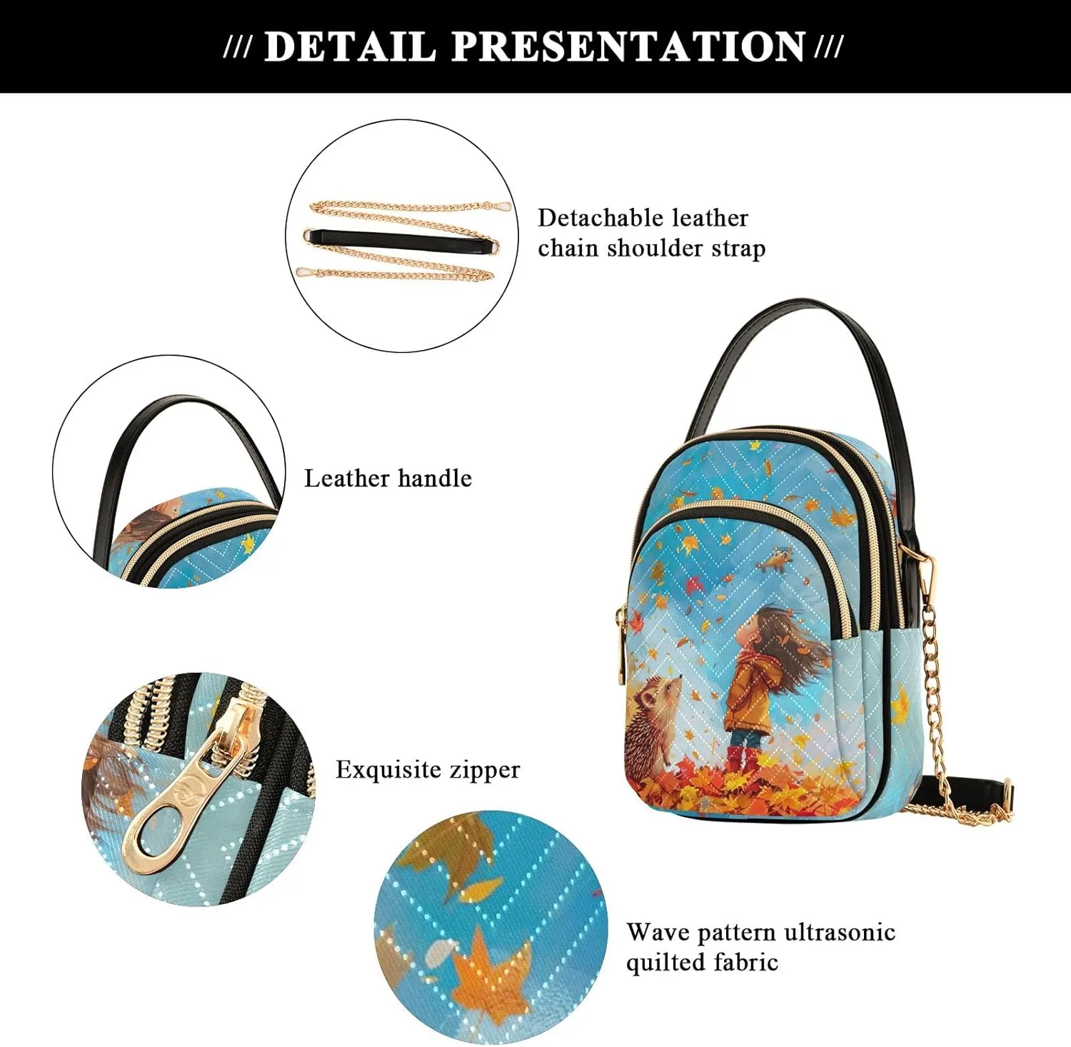 Hedgehog Fall Orange Leaves Quilted Crossbody Purse Ladies Handbags