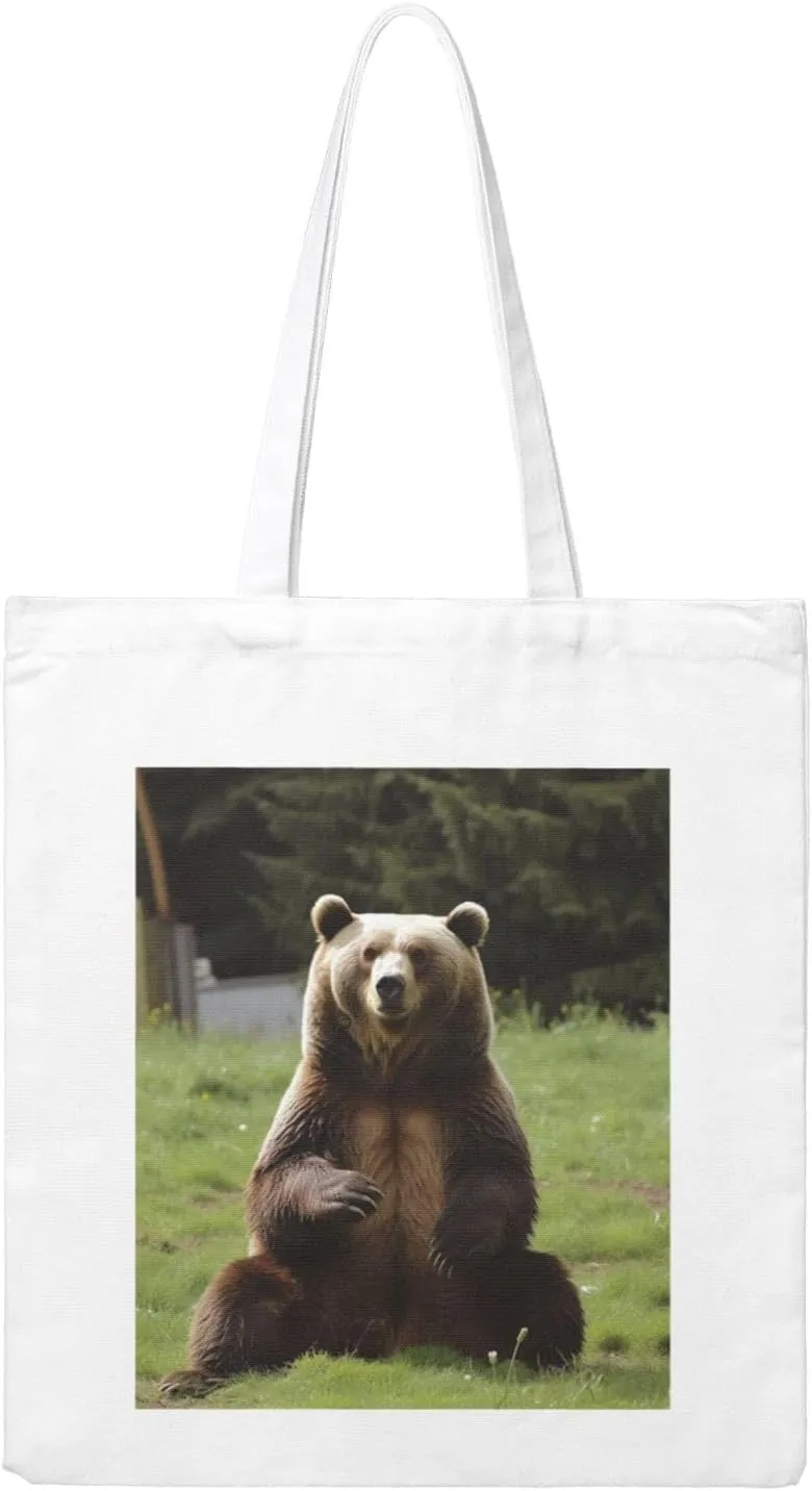 Hi Bear Sit On The Lawn Large Canvas Tote Bag Cute Travel Shoulder Bag Reusable Washable Shopping Grocery Bags For Women Men