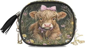 Highland Calf Flowers Crossbody Bags for Women Small Purses Leather Crossbody Bag Handbags Purse with Detachable Chain Clutch Purses Evening Bag Cell Phone Purse