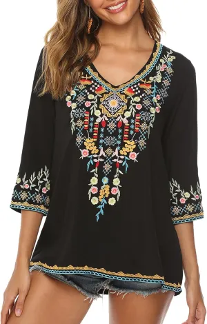 Higustar Mexican Tops for Women Embroidered Shirts Bohemian Hippie Clothes Tunic Fiesta Plus Size Boho Peasant Blouses