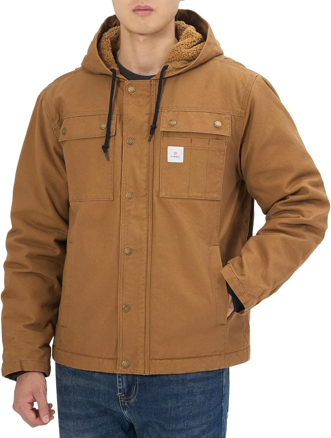 HISEA Men's Duck Sherpa-Lined Jacket Relaxed Fit Mens Winter Insulated Canvas Hooded Work Utility Jacket with Pockets