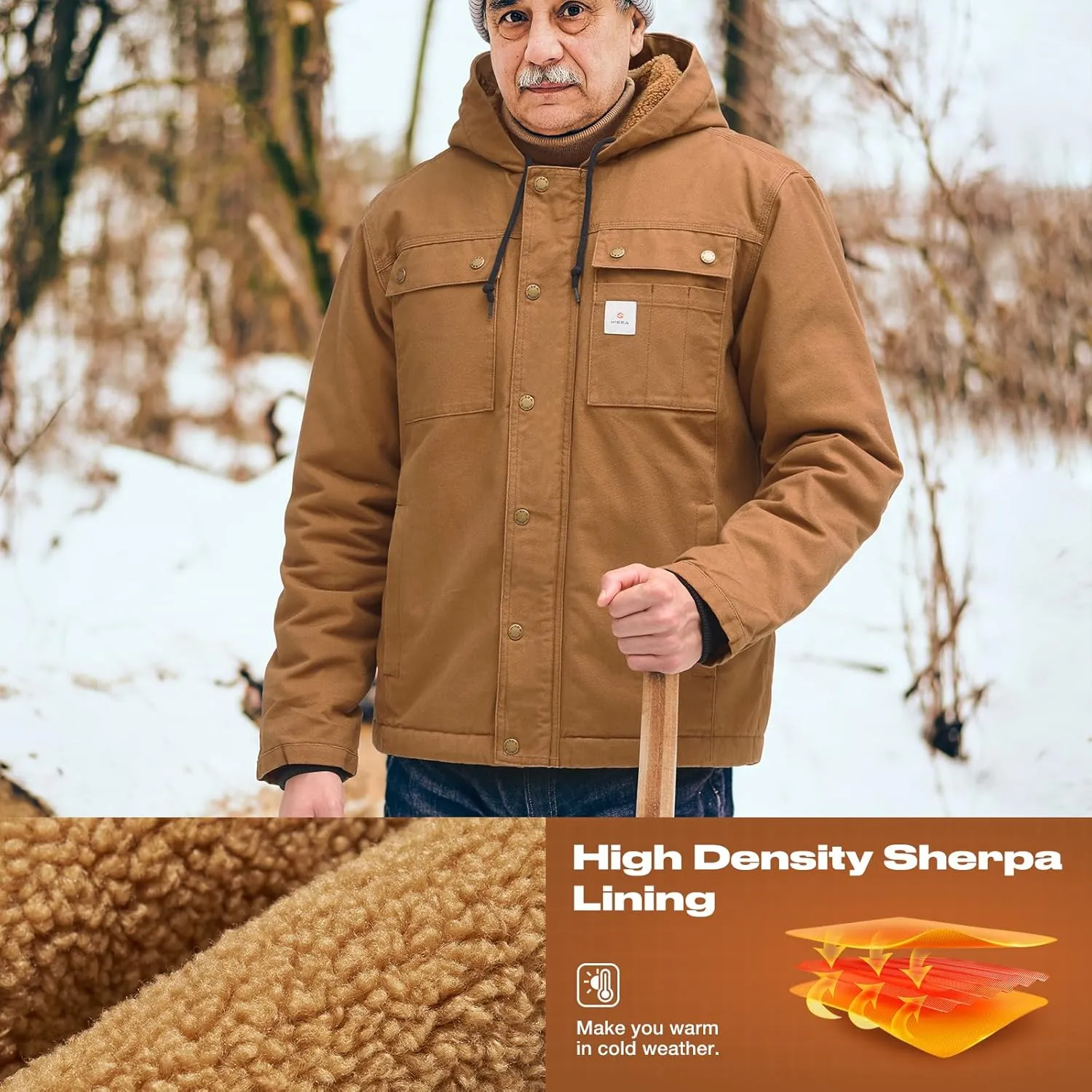 HISEA Men's Duck Sherpa-Lined Jacket Relaxed Fit Mens Winter Insulated Canvas Hooded Work Utility Jacket with Pockets
