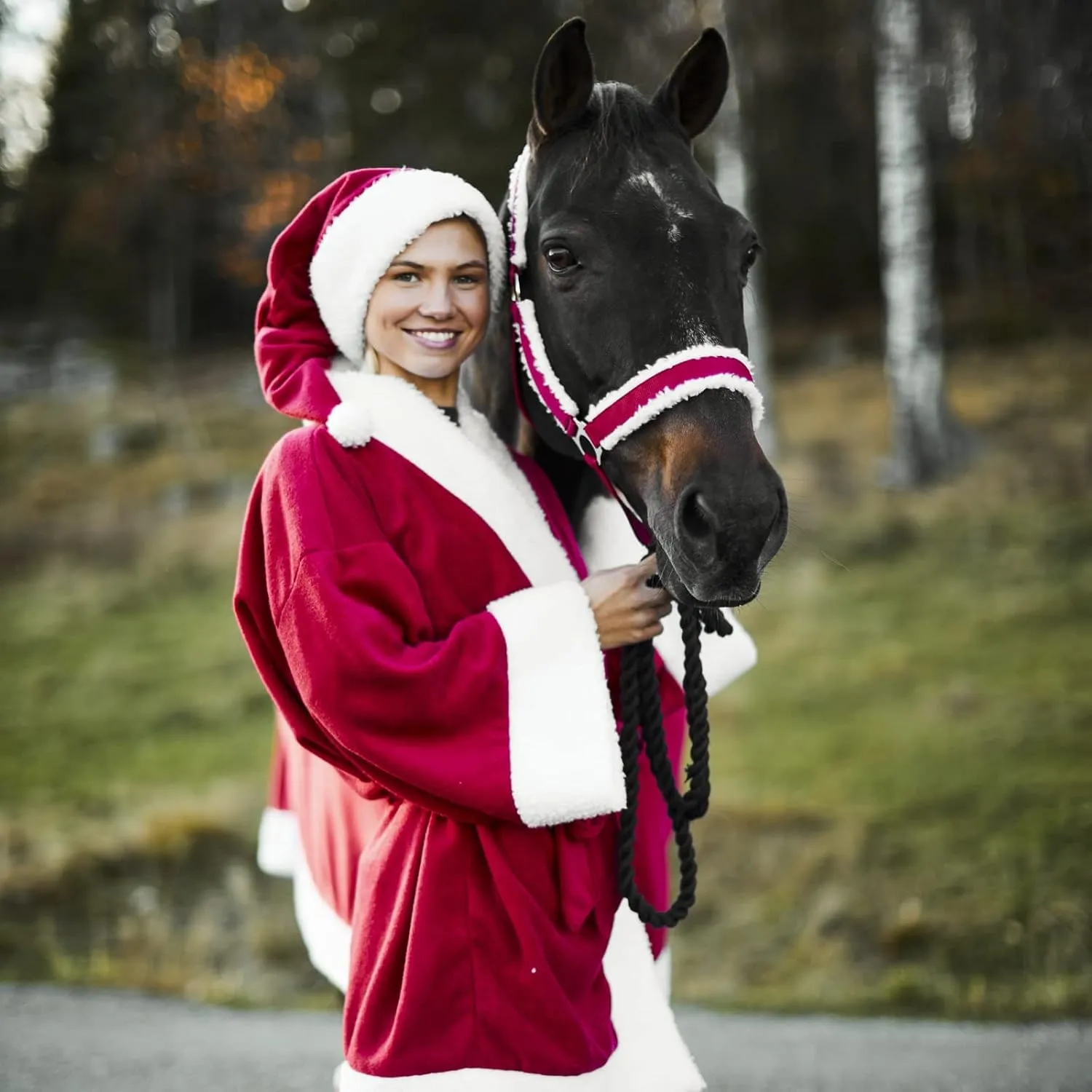 HORZE Santa Halter | Faux Fur Adjustable Christmas Horse Halter - Red - Pony