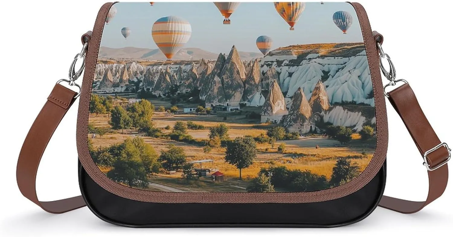 Hot Air Balloon in The Sky Crossbody Bags PU Leather Purses Shoulder Handbag with Adjustable Shoulder Strap