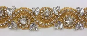 Hot-Fix or Sew-On Beaded Crystal Rhinestone Trim by Yard for Bridal Belt Wedding Sash (Clear Crystal Rhinestones, Large Crystals, Gold Beads, Gold Cups, 1 Yard x 1.5 Inch Wide)