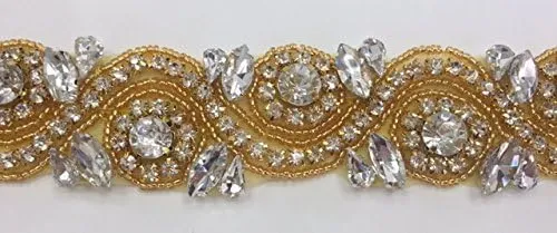 Hot-Fix or Sew-On Beaded Crystal Rhinestone Trim by Yard for Bridal Belt Wedding Sash (Clear Crystal Rhinestones, Large Crystals, Gold Beads, Gold Cups, 1 Yard x 1.5 Inch Wide)