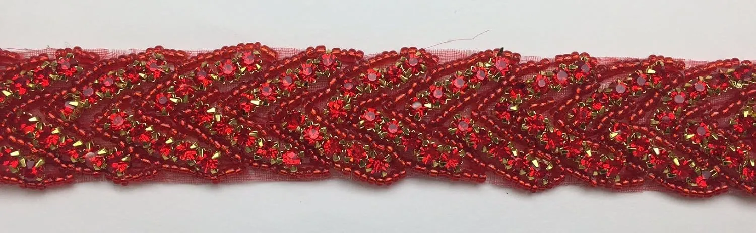 Hot-Fix or Sew-On Beaded Crystal Rhinestone Trim by Yard for Bridal Belt Wedding Sash (Red Crystals and Beads, Gold Cups, 1 Yard x 1 Inch Wide)
