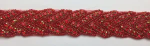 Hot-Fix or Sew-On Beaded Crystal Rhinestone Trim by Yard for Bridal Belt Wedding Sash (Red Crystals and Beads, Gold Cups, 1 Yard x 1 Inch Wide)