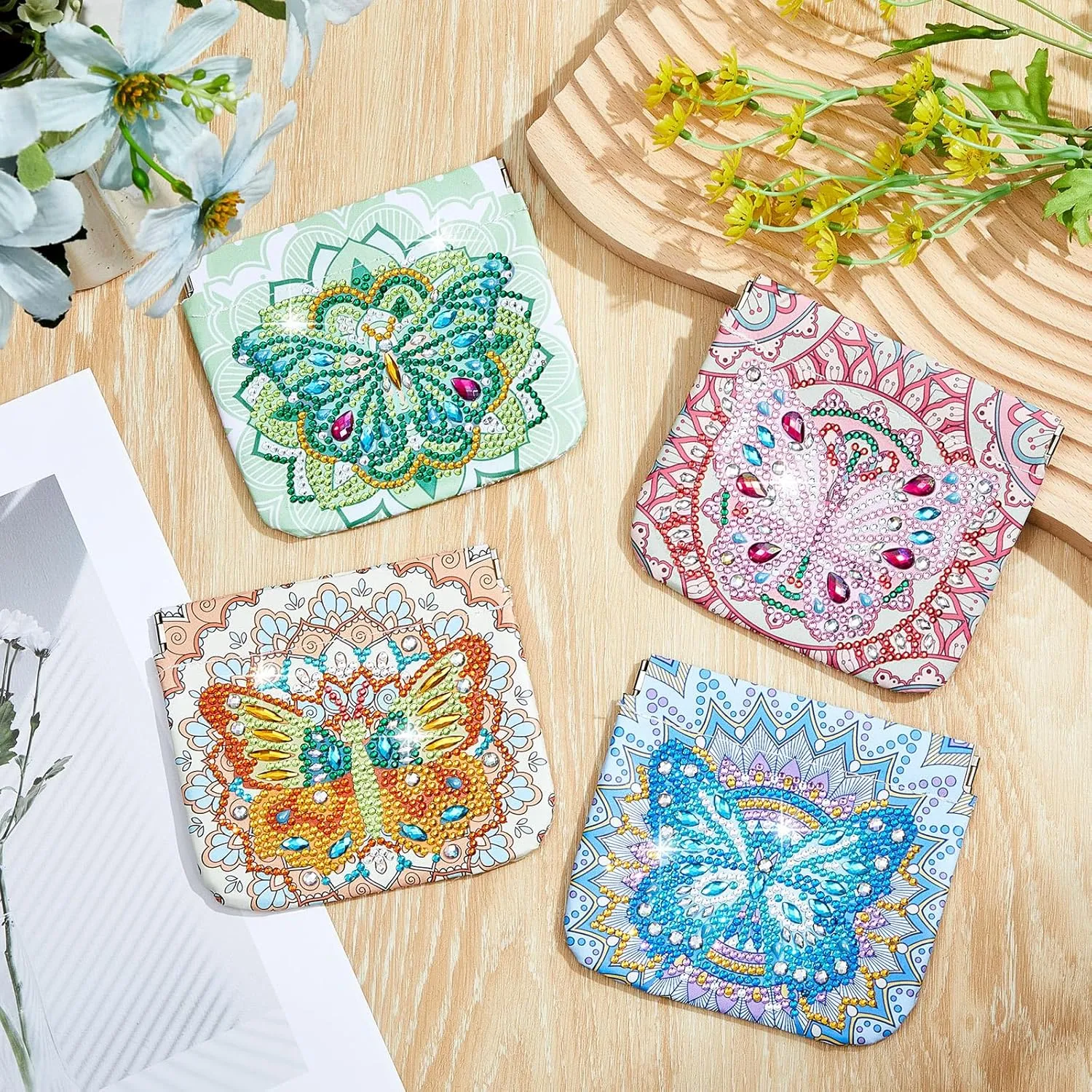 Hsei 4 Pcs Diamond Painting Coin Purse Pouch Leather DIY Rhinestone Paint Handmade Clutch Change Holder Change Purse Diamond Painting Bags for Adults Women Craft Makeup (Mandala, Butterfly)