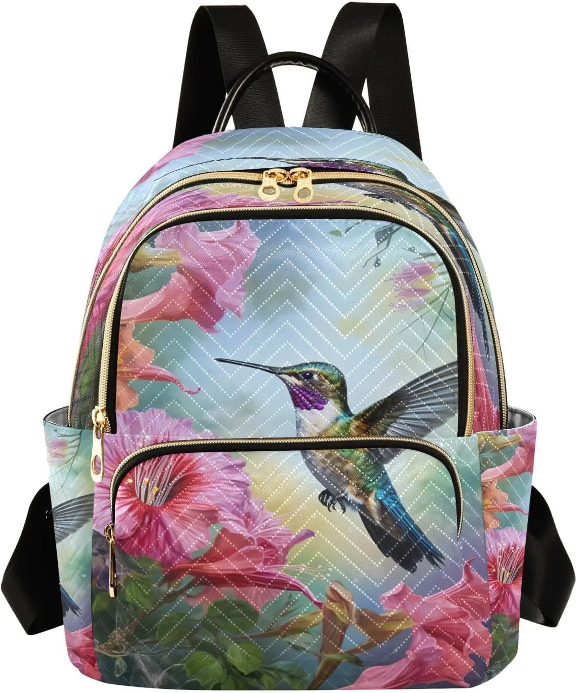 Hummingbird Pink Floral Backpack Purse for Women Fashion Small Mini Daypack Purse for Lady Anti-theft Shoulder Bag with Strap Handbag Lady Purse, Medium