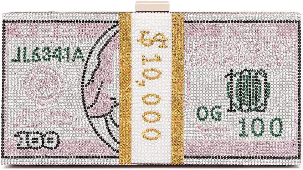 Hundred Dollar Bill Box Clutch Handbag Shoulder Bag Crossbody Bag Rhinestone Handbag