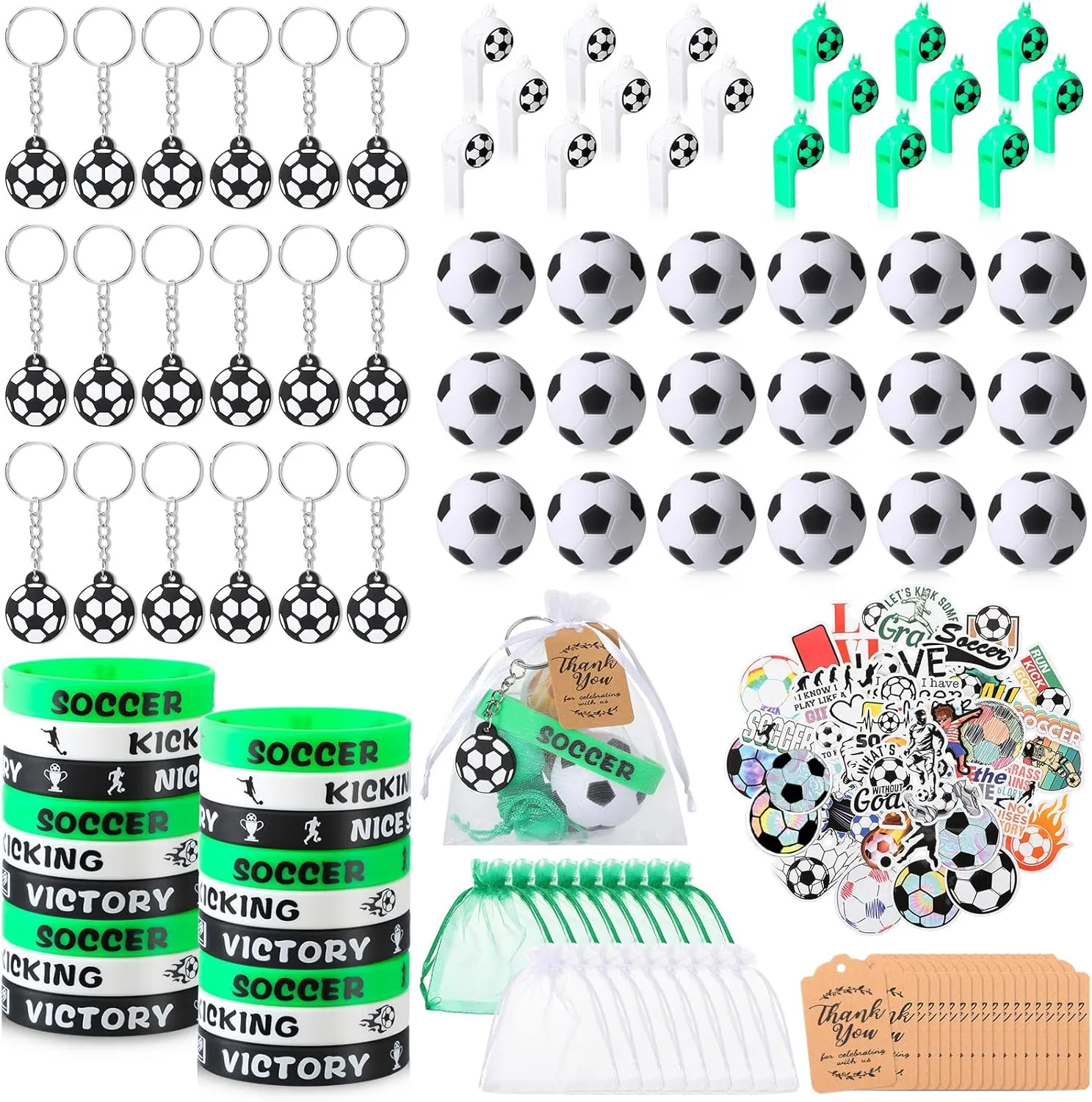 Hungdao 158 Pcs Soccer Party Favors for 18 Kids Includes Mini Bouncy Soccer Keychain Whistle Bracelets Thank You Card Stickers Organza Bag for Sports Event Classroom Rewards