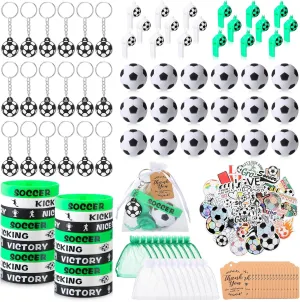 Hungdao 158 Pcs Soccer Party Favors for 18 Kids Includes Mini Bouncy Soccer Keychain Whistle Bracelets Thank You Card Stickers Organza Bag for Sports Event Classroom Rewards